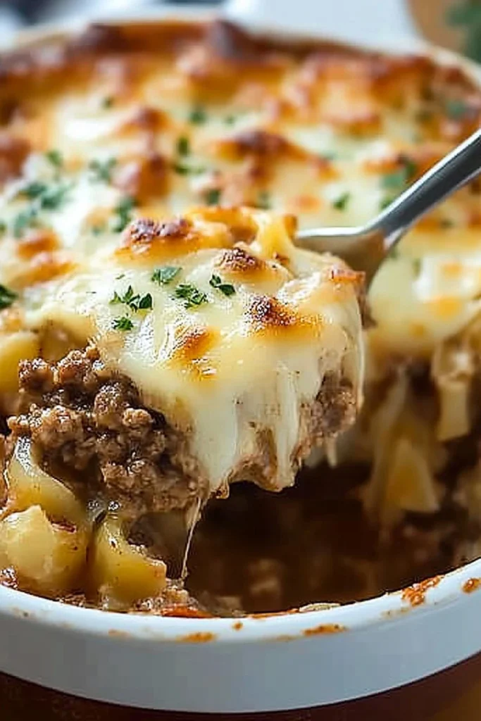 Casserole de bœuf haché aux oignons français dans un plat en céramique