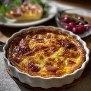 Clafoutis à la rhubarbe, un dessert classique français riche en saveurs.