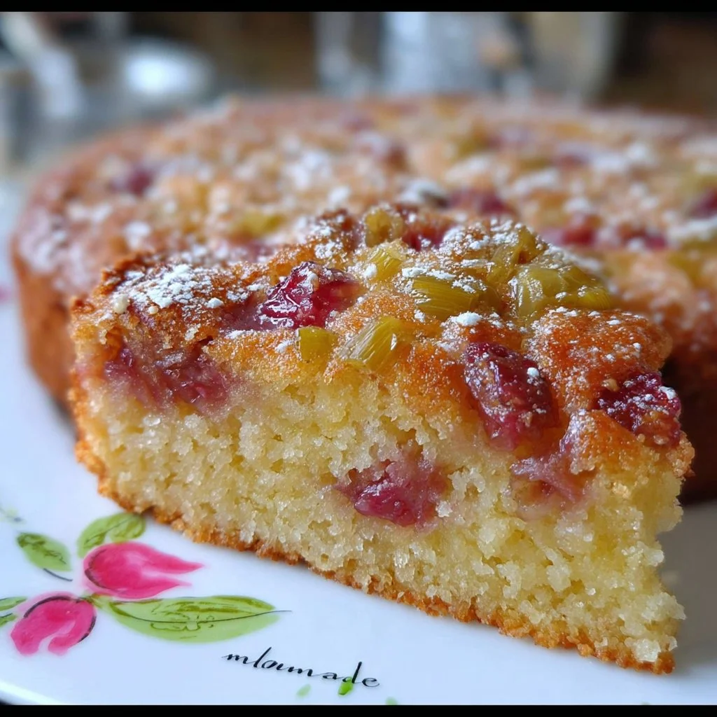 Gâteau à la rhubarbe frais et moelleux, parfait pour les desserts estivaux.