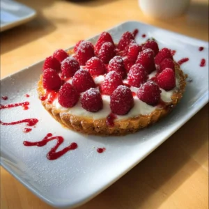 Tarte aux framboises sans cuisson avec une croûte crémeuse