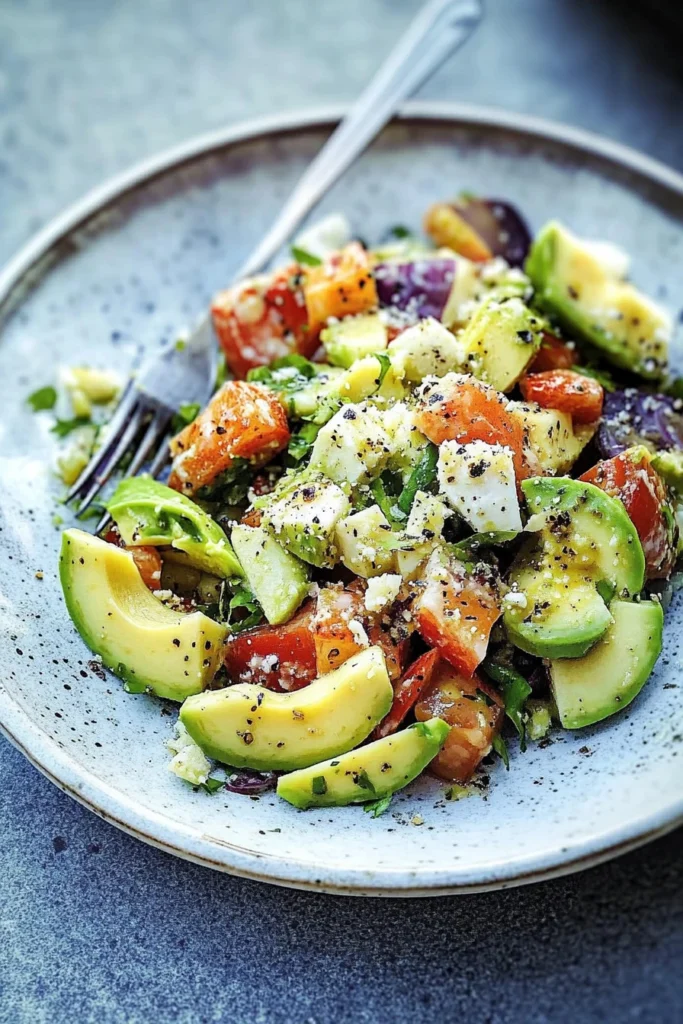 Salade César à l'avocat garnie de croutons et parmesan