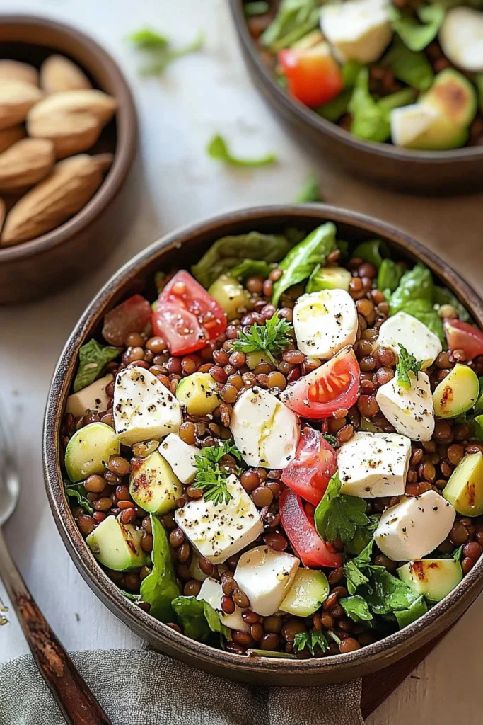 Salade de lentilles au chèvre avec des noisettes croquantes